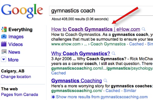Google search for Gymnastics Coach
