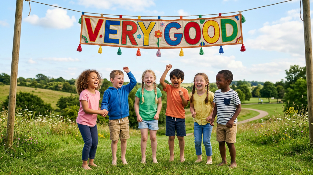Six children smiling and cheering under a colorful banner reading 'VERY GOOD' outdoors