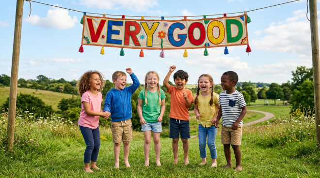 Six children smiling and cheering under a colorful banner reading 'VERY GOOD' outdoors
